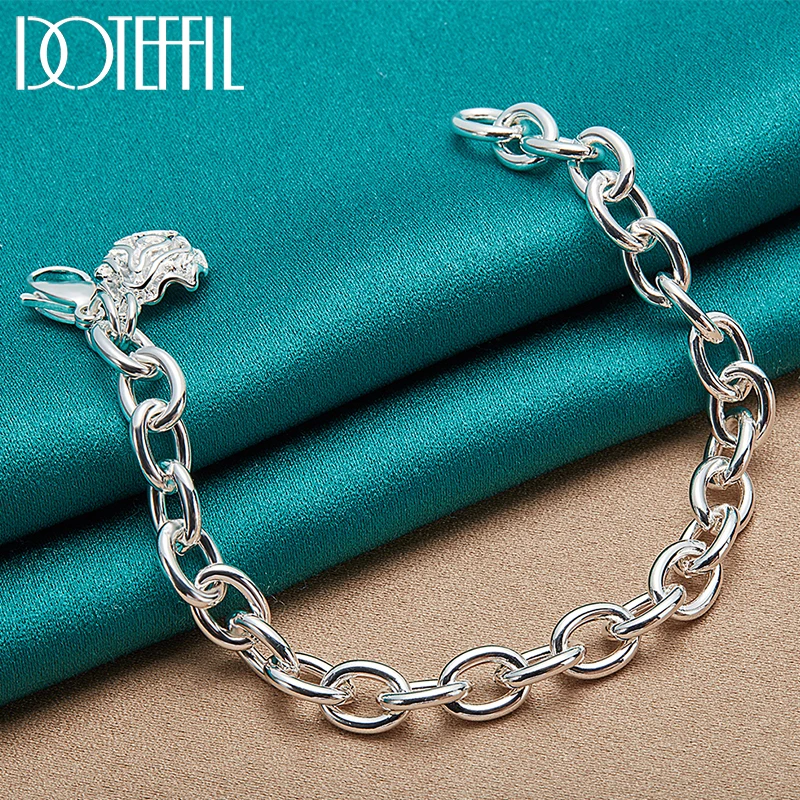 

DOTEFFIL 925 Sterling Silver Rose Flower Pendant Bracelet Thick Chain For Woman Charm Wedding Engagement Party Fashion Jewelry