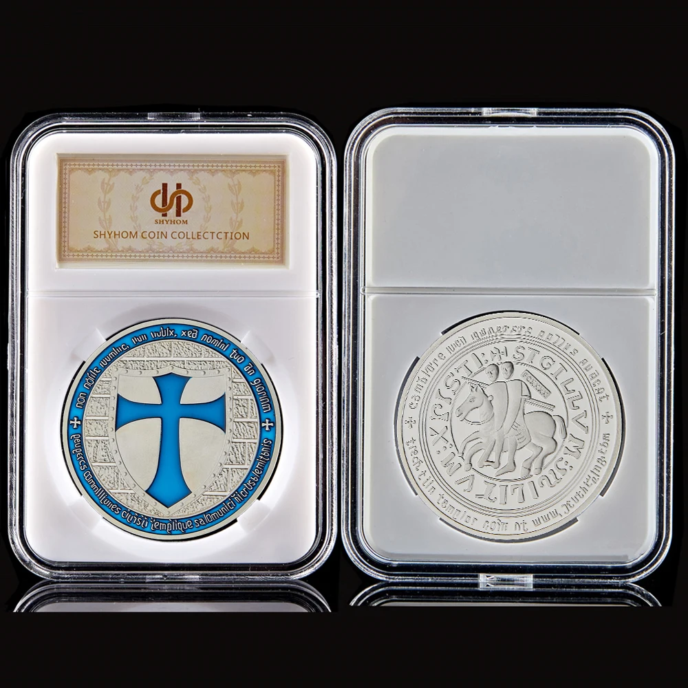 

Blue Templar Crusader Knights Token Silver Metal Challenge Coin Collectibles W/ PCCB Holder