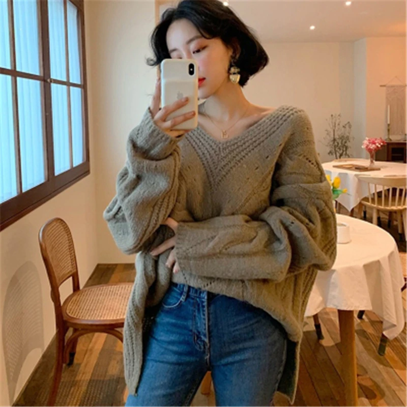 

RUGOD 2020 Новое поступление Однотонный женский пуловер с открытыми плечами v-образный вырез с длинным рукавом Женские свитера модный шикарный ...