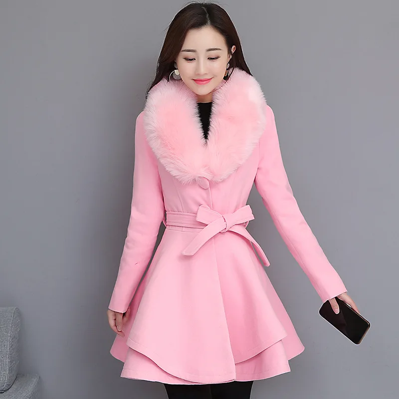 

OKXGNZ 2022 New Autumn Winter Women Woolen Coat Korean Mid-length Slim Large Fur Collar Wool Coat Women Jacket Lady Outerwear