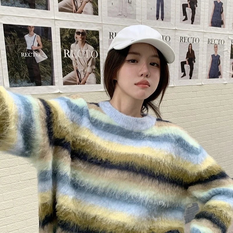 

Пушистый свитер в мохеровую полоску, свитер с круглым вырезом и длинным рукавом, осенне-зимний свободный наружный Топ Z2633