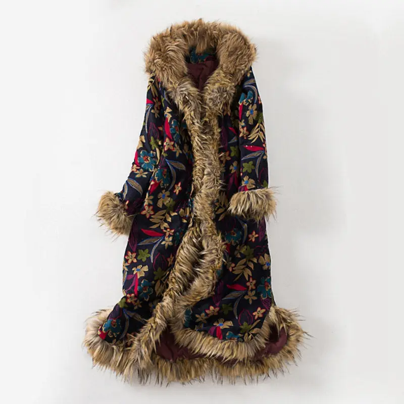 Winter Coat Fur Collar Long Dust Coat Windbreaker Cotton  Linen Vintage Cotton Padded Clothes Jaqueta Feminina