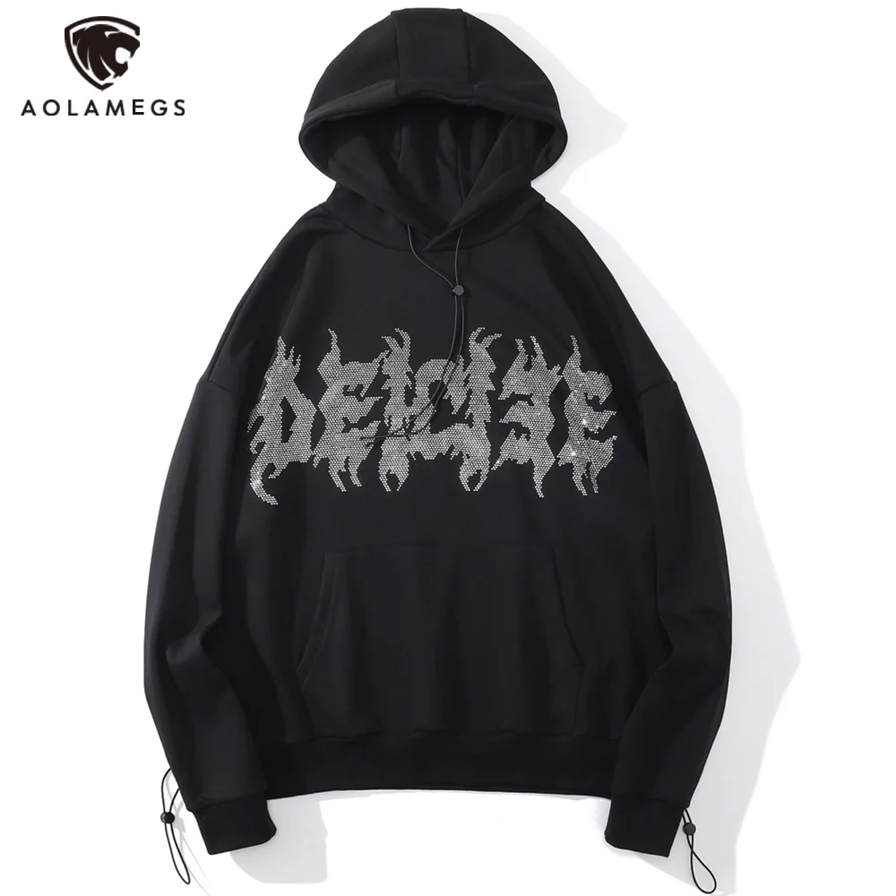 

Aolamegs Hoodie Men Diamonds Punk Letter Hooded Pullover Casual Simple Baggy Harajuku Cool Hipster Sweatshirts Couple Streetwear