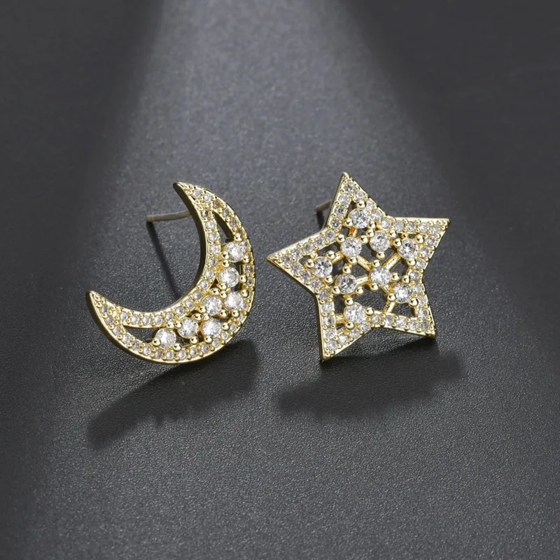

Aneis Bagues Solid 925 Sterling Silver Moon&star Stud Earrings For Women Asymmetry Cute Korean Earrings Girl Party Jewelry