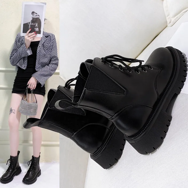 2021 New Women Mid Calf Boots Autumn Winter Fashion Lace-up Zipper Botas Mujer Comfortable Platform Heel Leather Women Boots