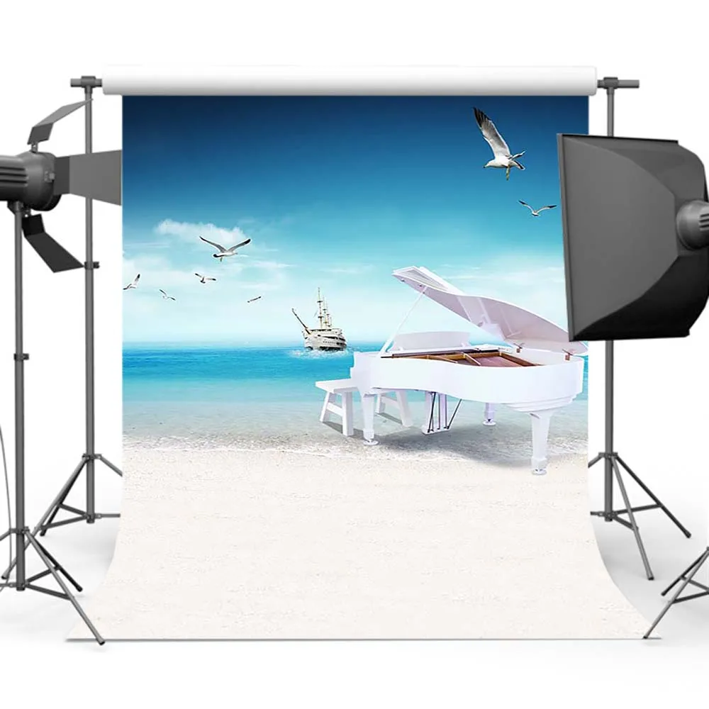 

Blue Sky Sea Beach Background Photography Summer Seagull Piano Ship Backdrop for Photo Studio CM-5504