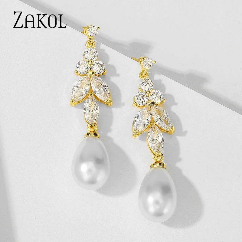 Женские серьги-подвески ZAKOL с белыми циркониевыми кристаллами модные свадебные