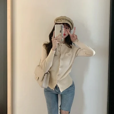 

Korean Knitted Single-breasted Cardigans Sweaters Women Long Sleeve O-neck Tops Vintage Elegant Fashion Ladies Cardigans 2020