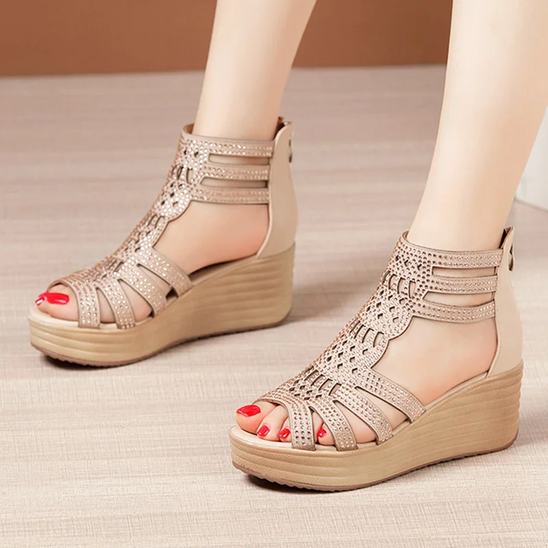 

CEYANEAOSmall Plus Size 32-43 Open Head Back Zip Platform Sandals Women Summer 2021Elegant OL High Heels Wedges Gladiator Sandal