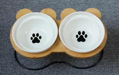 Мультяшная Высококачественная миска для домашних животных, Бамбуковая полка, керамические миски для кормления и питья для собак, кошек, аксессуары для домашних животных, товары для домашних животных - Цвет: black doupaw