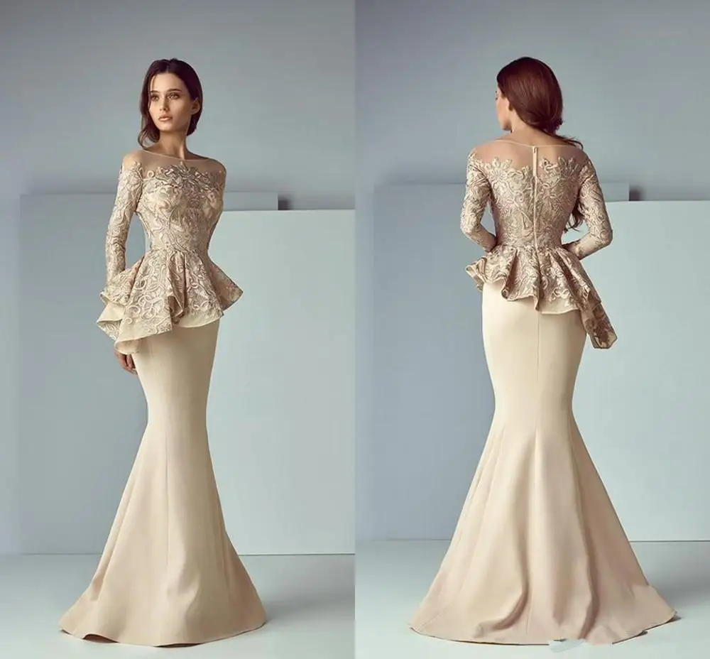 

Champagne Lace Stain Peplum Long Evening Formal Wear Dresses 2020 jewel Neck Long Sleeve Dubai Arabic Mermaid Prom Dress