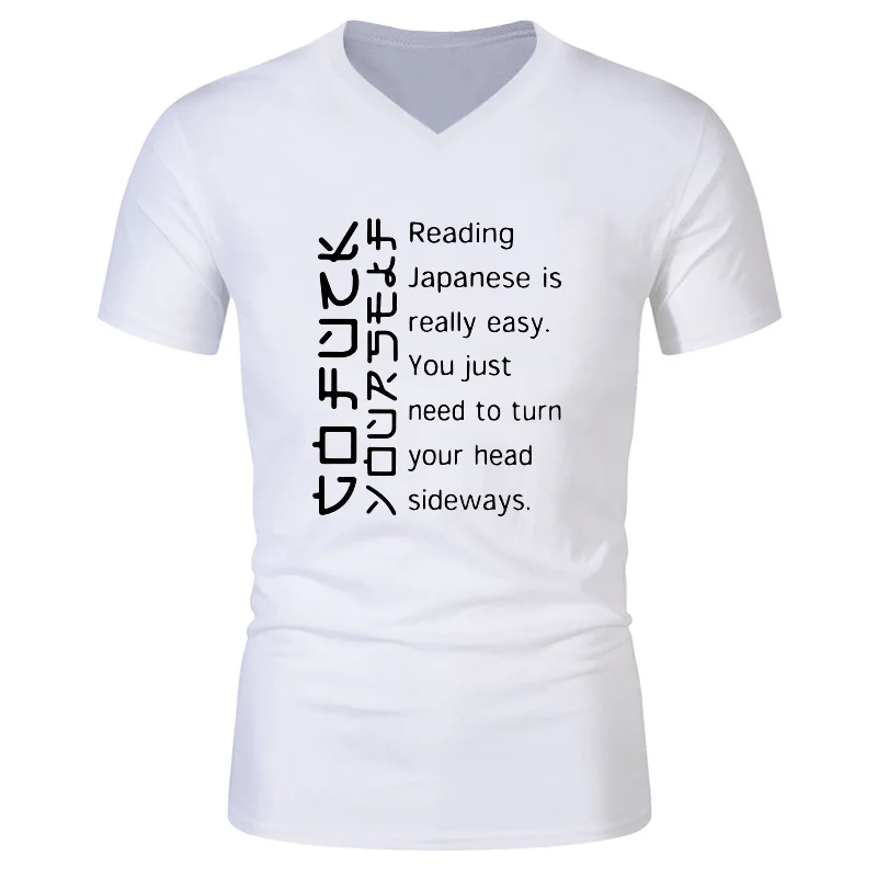 

2021 Summer Japanese T shirt Funny Men Cotton Shrot Sleeve EU Size High Quality Casual Tops Black White V-neck Humor Tshirt