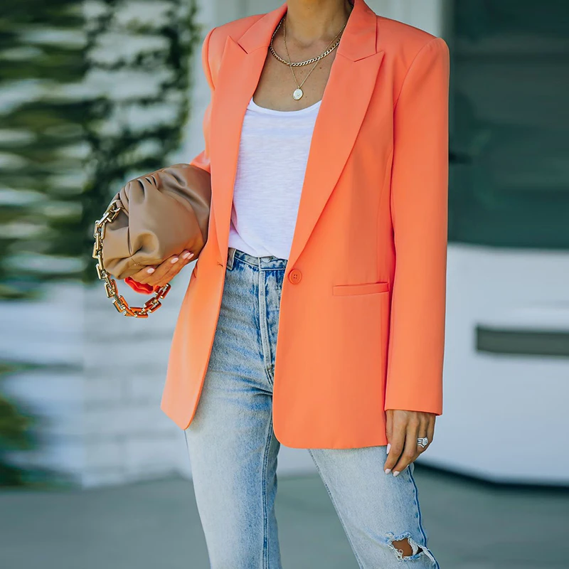 

2021 Fashion Lapel Single Button Streetwear Jacket Autumn Elegant Office Ladies Slim Suit Jacket Women Casual Solid Color Jacket