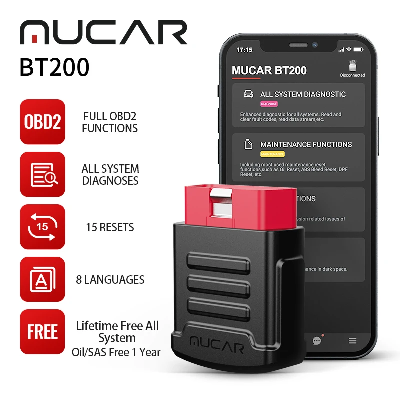 Диагностический инструмент MUCAR BT200 сканер OBD2 для всех систем пожизненная