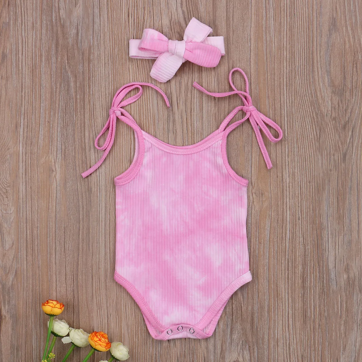 

0-24M Tie-Dye Infant Baby Girls Boys Bodysuits Headband 2pcs Printed Sleeveless Belt Jumpsuits