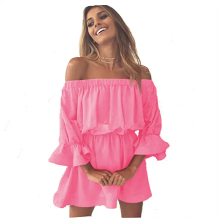 

2021 European and American Hot Hot Sale off-Neck Tight Waist 3/4 Sleeve off-Shoulder Sexy Women Clothing Dress for Women Summer