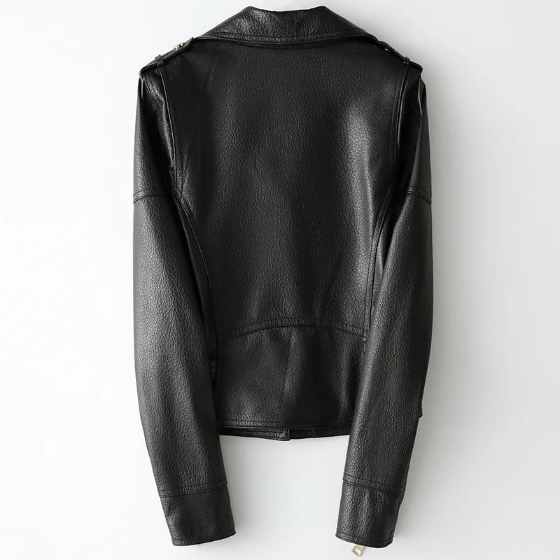 Chaqueta de cuero de oveja corta para mujer, abrigo negro informal de alta calidad, estilo motero auténtica piel de oveja, prendas de vestir, primavera y otoño