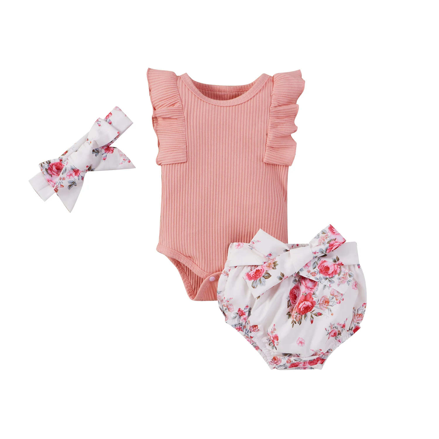 

Комплект из трех предметов с цветочным принтом для малышей, боди с круглым вырезом и летающим рукавом для маленьких девочек + трусы + повязка...