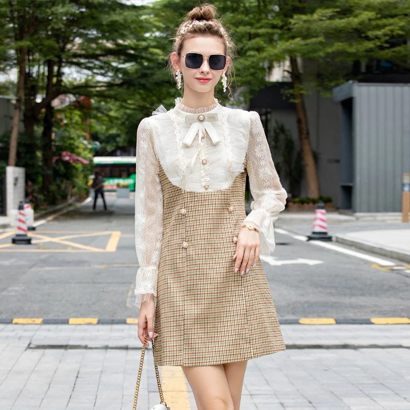 

Gorgeous New Spring Autumn High Quality Women Mini Dress Elegant Fashion Exquisite Party Mesh Long Sleeve Patchwork Plaid Dress