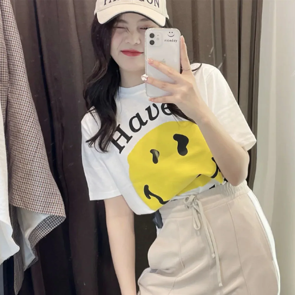 

2021 spring and summer New loose printed cotton round neck smiley face short sleeve t-shirt shirt for women