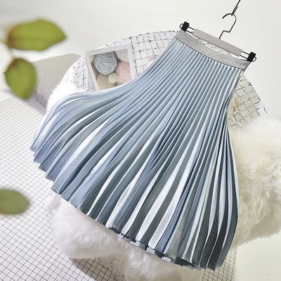 Light Blue Металлическая сатиновая плиссированная юбка, весна-лето, новая модная юбка с высокой талией, женские элегантные универсальные юбки для вечеринок Mw767 - Цвет: Light Blue