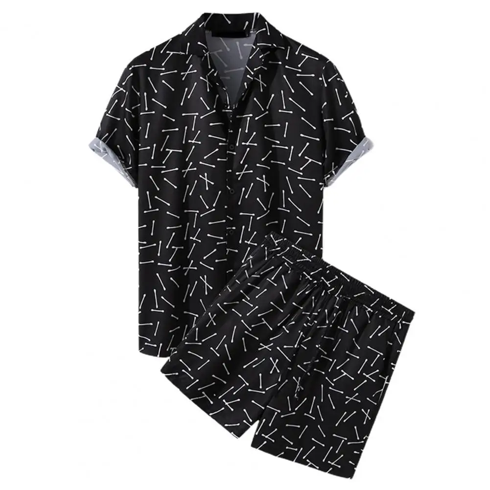 

Men Outfit Shorts Sleeve Floral Print Hawaii Single-breasted Shirt T-shirt Drawstring Shorts Set for Summer