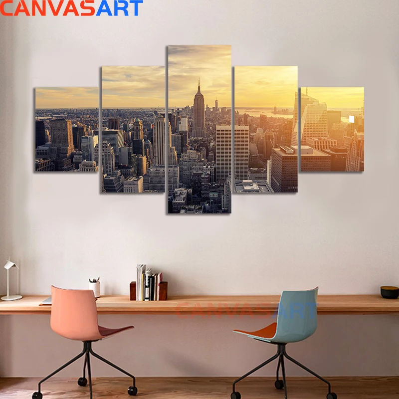 Холст искусство 5 шт. New York City Skyline Sunset Empire State Building Landscap HD Печать настенная живопись