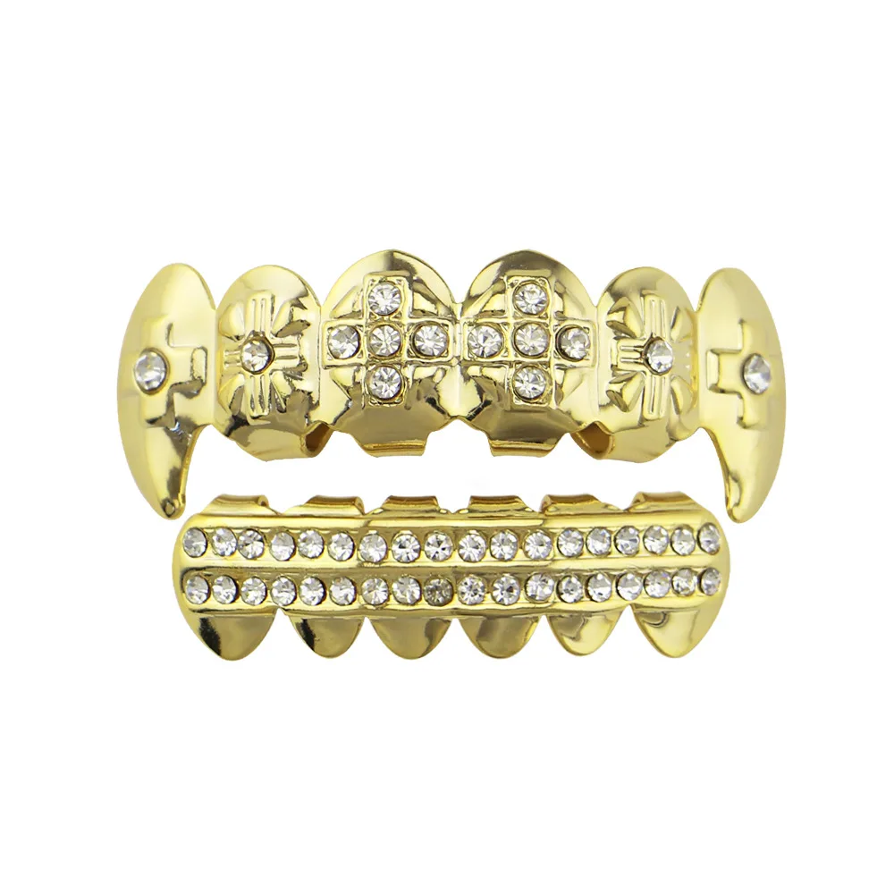 Панк золото декоративные Зубные коронки 2 строки льдом грили зубные в стиле хип