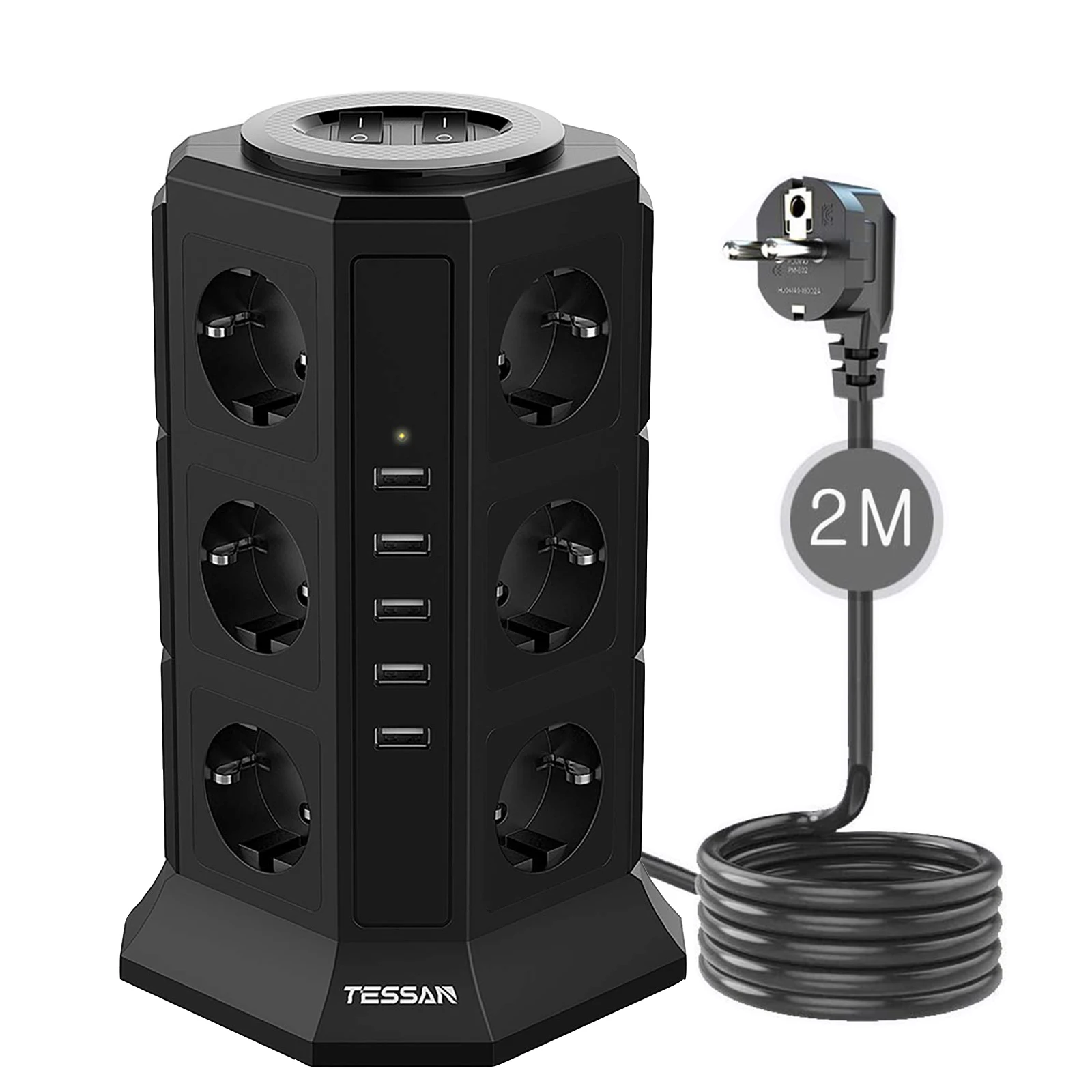 

TESSAN EU Tower Power Strip, with 12 Outlets (2500W/10A), 5 USB Charging Ports & 2M Extension Cord, ON/OFF Switch, for Home