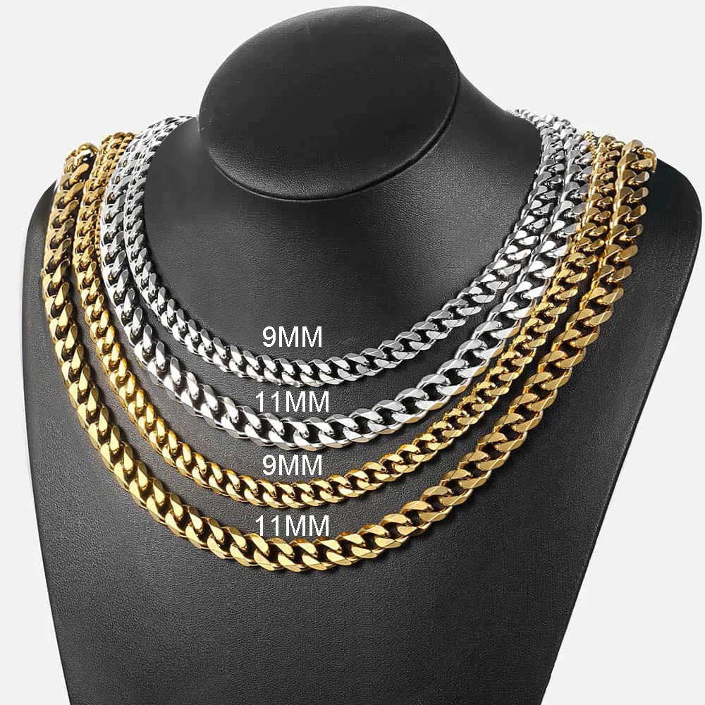 

9/11mm Stainless Steel Necklace For Women Men Black Gold Silver Color Curb Cuban Link Chain Jewelry Gifts Wholesale LKN408