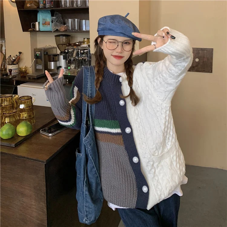 

Autumn and Winter 2021 New Korean Style Sense of Design Color Contrast Patchwork Striped Knitted Cardigan Sweater for Women Lazy
