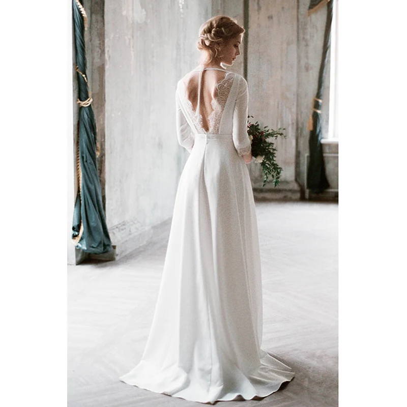 Мягкое атласное простое свадебное платье с длинным рукавом женское цена по