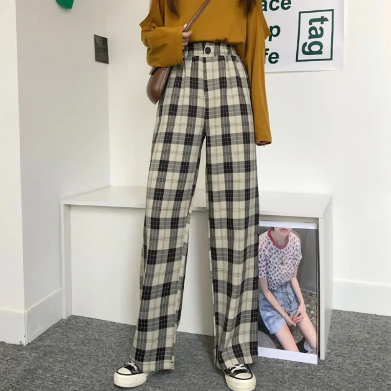 

HOUZHOU Plaid Pants Women Straight Checked Trousers Korean Style Plaid Trousers Straight Wide Leg Suit Pants for Women Vintage