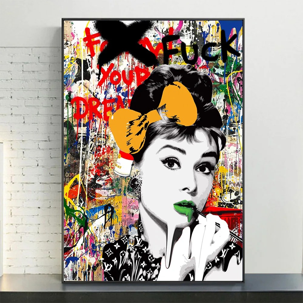 

Graffiti Pop Art Hepburn Portrait Poster Painting Canvas Print Abstract Wall Picture For Living Room Home Decoration Cuadros