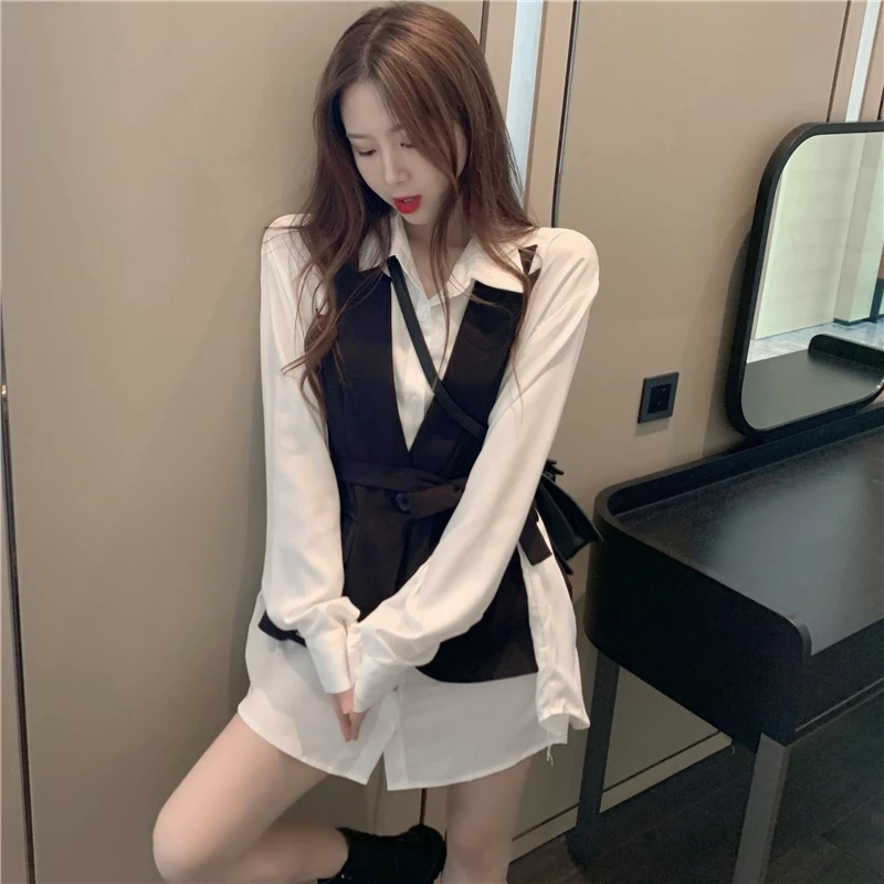 

KUSAHIKI Fake Two Piece Hit Color Women Blouse Top Spring Korean Sashes Slim Waist Elegant Blusas Femme Medium-long Shirt 6E351