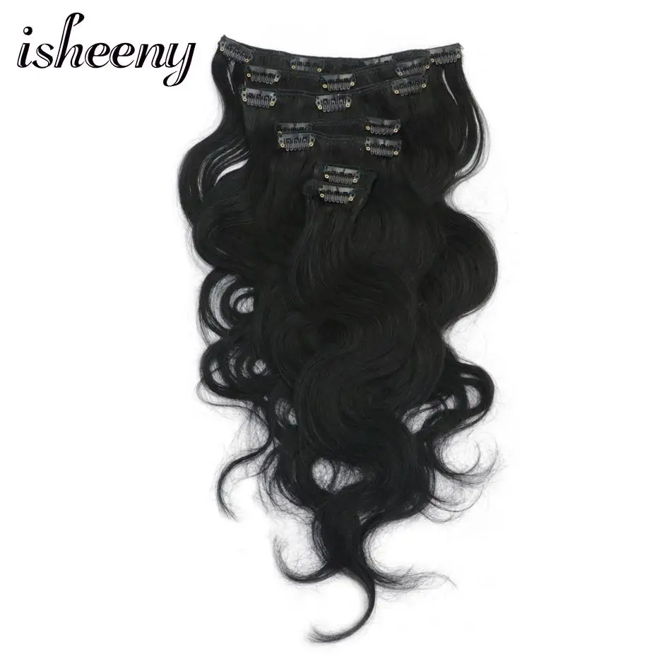 Isheeny 1" 16" 1" Remy темно-черный клип-in волосы для наращивания волнистые 7 шт./компл. клип в полной головке человеческие волосы