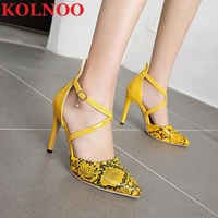 kolnoo ladies handmade high heeled sandals faux snake leather cross buckle strap three colors pointy party prom fashion shoes