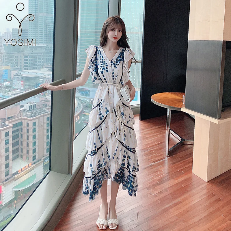 

YOSIMI Blue Print Dot Chiffon Long Women Dress 2021 Summer Maxi V-neck Ruffles Short Flying Sleeve Evening Party Dress Elegant
