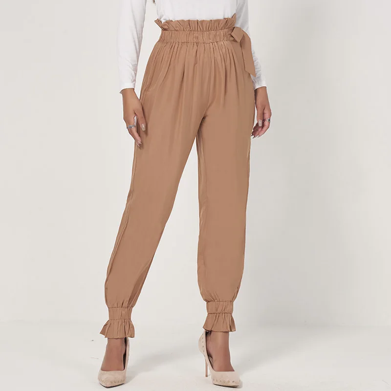 

Женские свободные брюки с бантом, универсальные эластичные брюки с поясом на резинке и деревянными ушками, весна-лето
