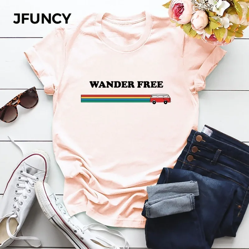 JFUNCY 100% Cotton Summer Woman T-shirts S-5XL  Women Tops New Wander Free Letter Print Tshirt Female Short Sleeve Tees