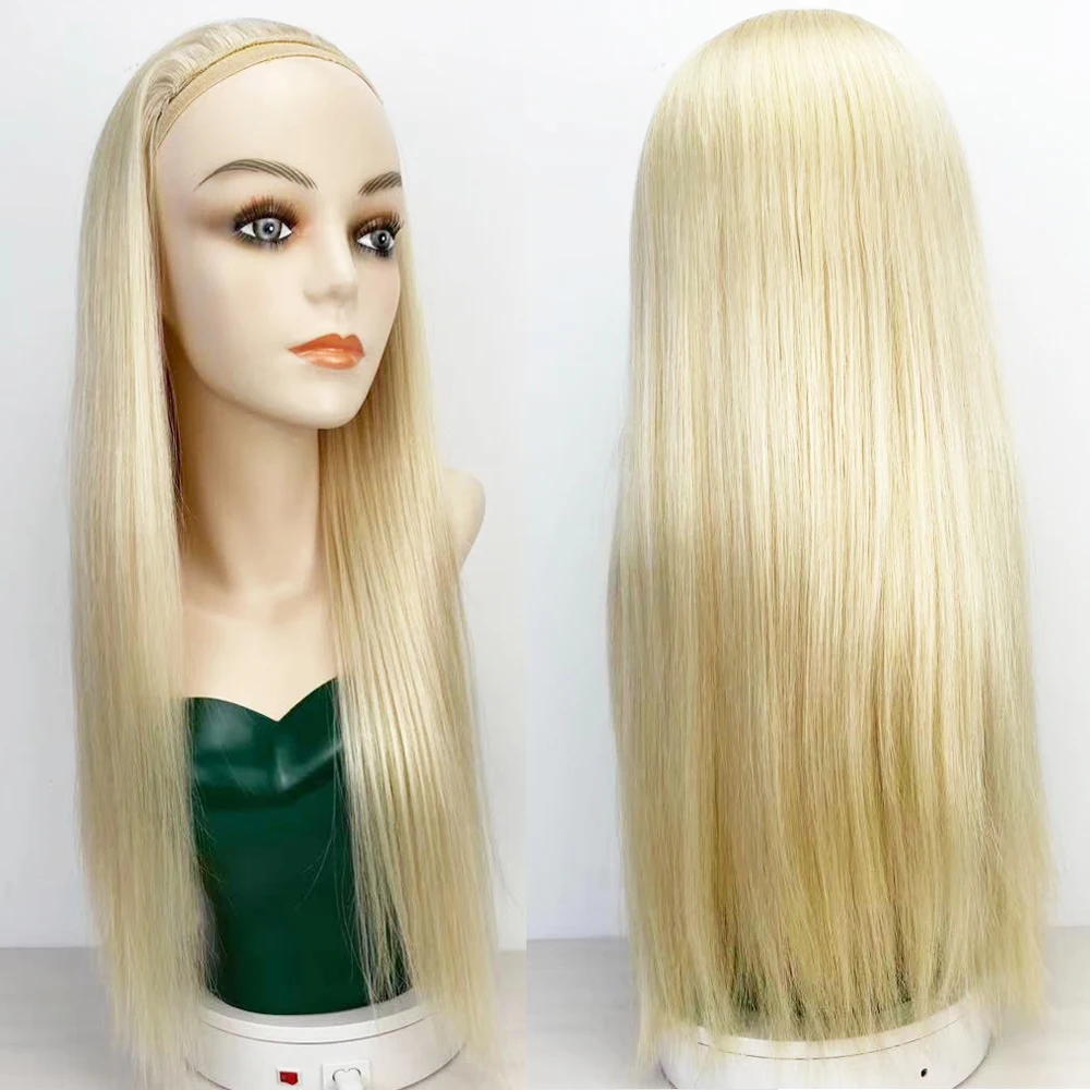 

#60 Blonde Jewish Kosher Sheitels 3/4 Half Wig Virgin European Human Hair Band Fall Hairpiece Open Weft None Lace HeadBand Wigs
