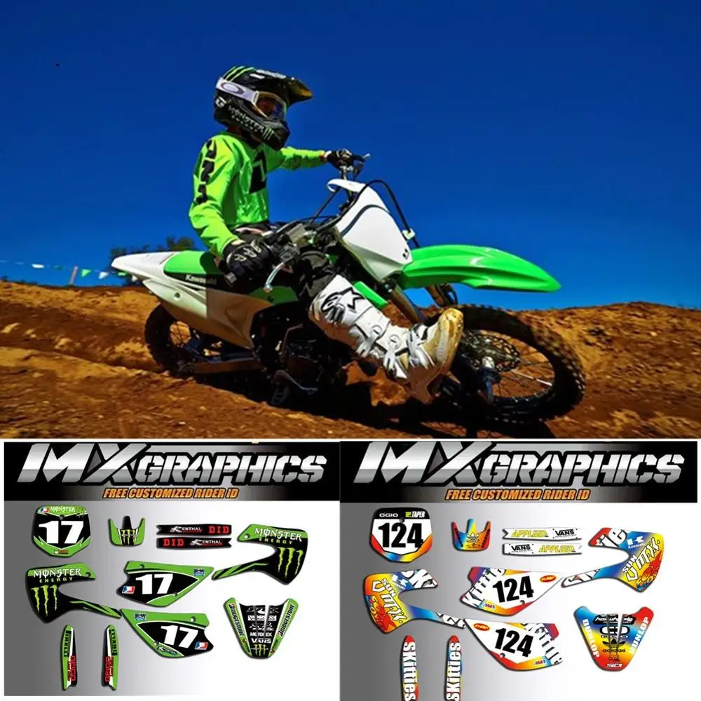 Пользовательские команды Графика Фоны наклейки комплект для Kawasaki KX85 KX100 1998 1999 2000 2001 2002 03 04 05-13
