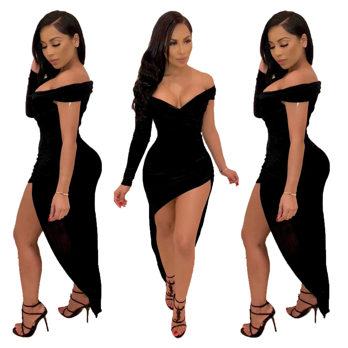 

JH 0842019 fashion sexy asymmetric V-neck oblique skirt dress