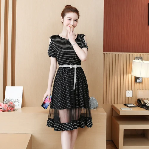 Женское винтажное платье с открытыми плечами Сетчатое составного кроя в полоску