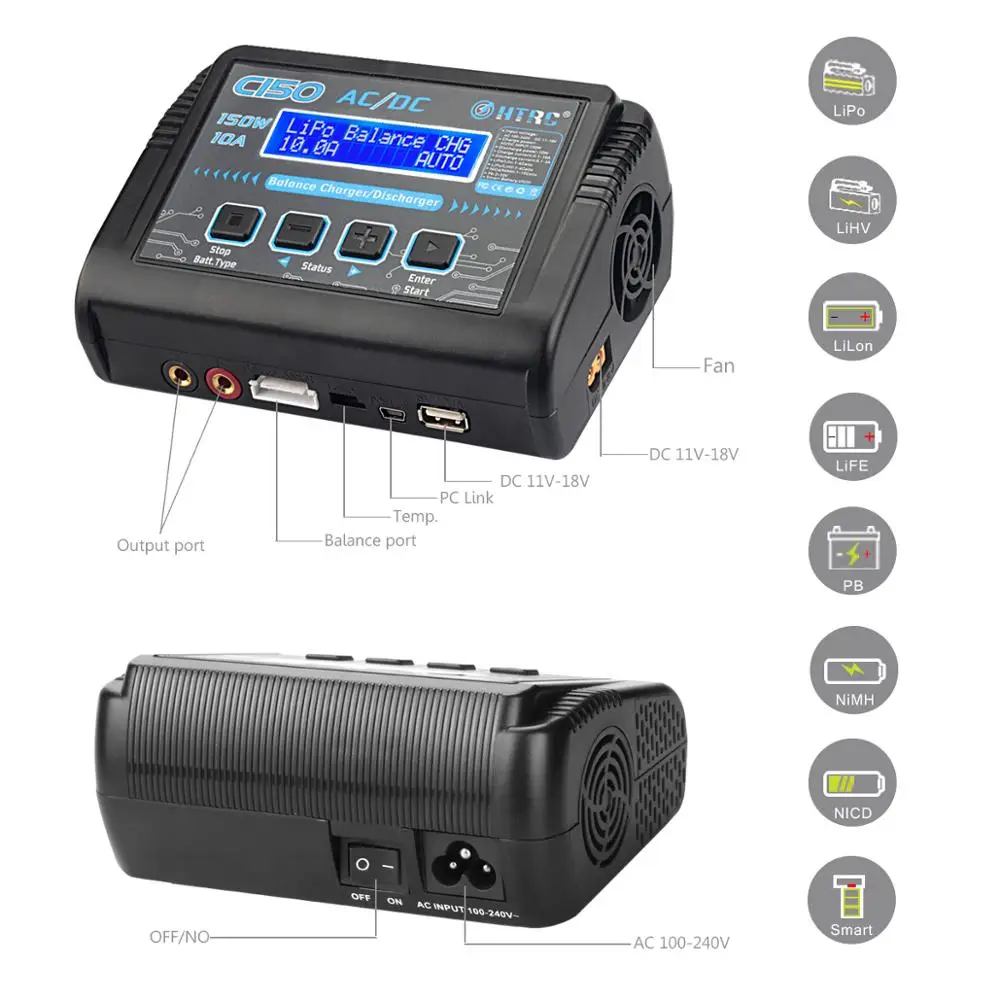 HTRC C150 зарядное устройство AC/DC 150 Вт 10A dis зарядное устройство для LiPo LiHV LiFe Lilon NiCd NiMh Pb батарея RC зарядное устройство и 8 в 1 провод