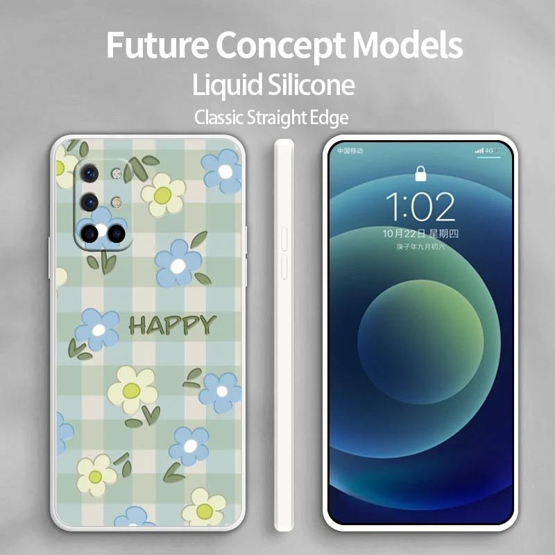 

Cyan Tartan Flower Phone Case For Oneplus 8t 9 9pro 9r pro Liquid Silicone Cover