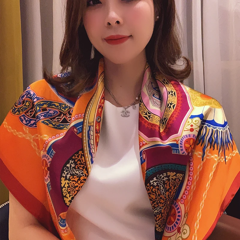 

2021 New Print Shawl Ponchos and Capes Fashion 90X90CM Neckerchief Silk Hankies Scarves Summer Sunscreen Satin Kerchief