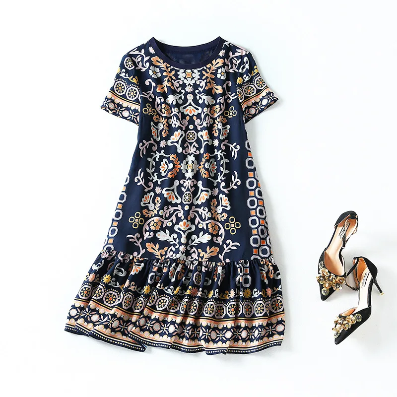 

72976 silk dress young fashion age reducing Baroque printing silk fishtail skirt short sleeve A-line skirt