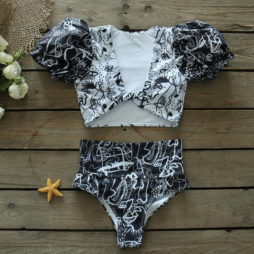 Сексуальный женский комплект бикини с пышными рукавами Купальник бандо принтом