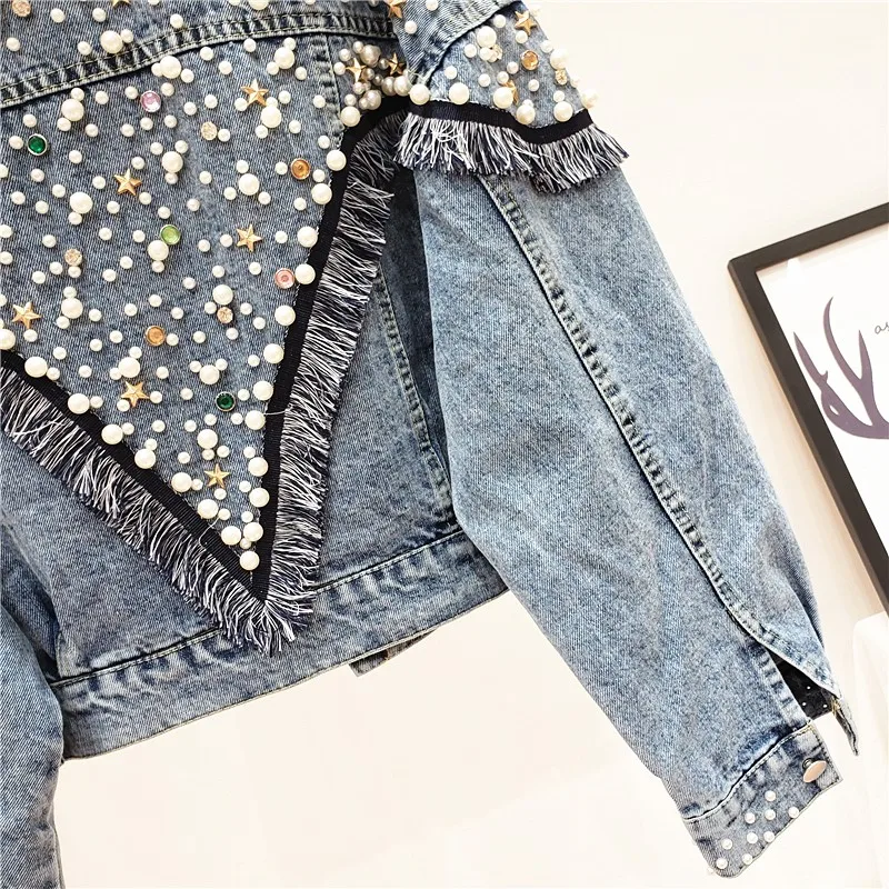 

Harajuku Women Denim Jacket Luxury Rivet Tassel Pearl Diamond Long Sleeve Tops Outerwear Spring Autumn Loose Fit Casual Jackets